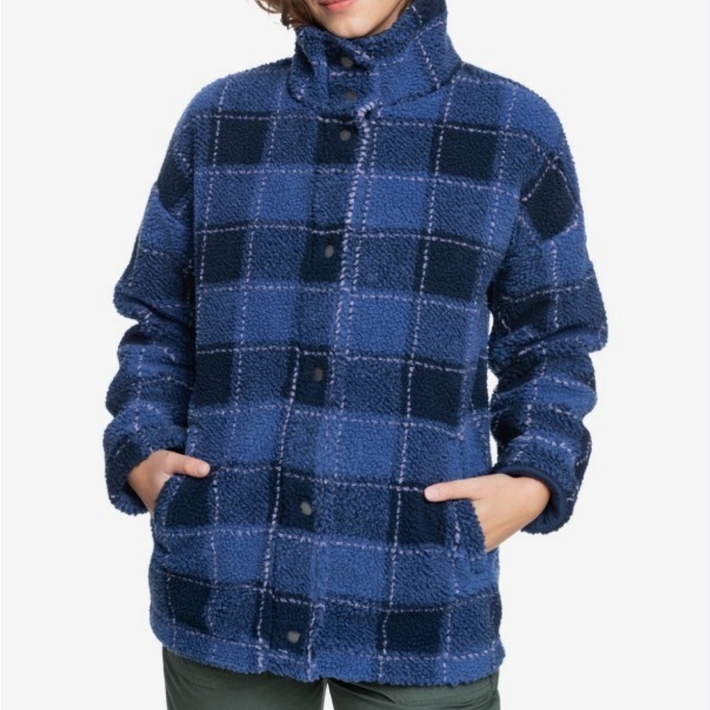 EUC Roxy Set Your Sights Sherpa Jacket Blue Plaid Size medium